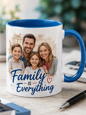 Custom family photo mug — personalised sublimation print, blue accent